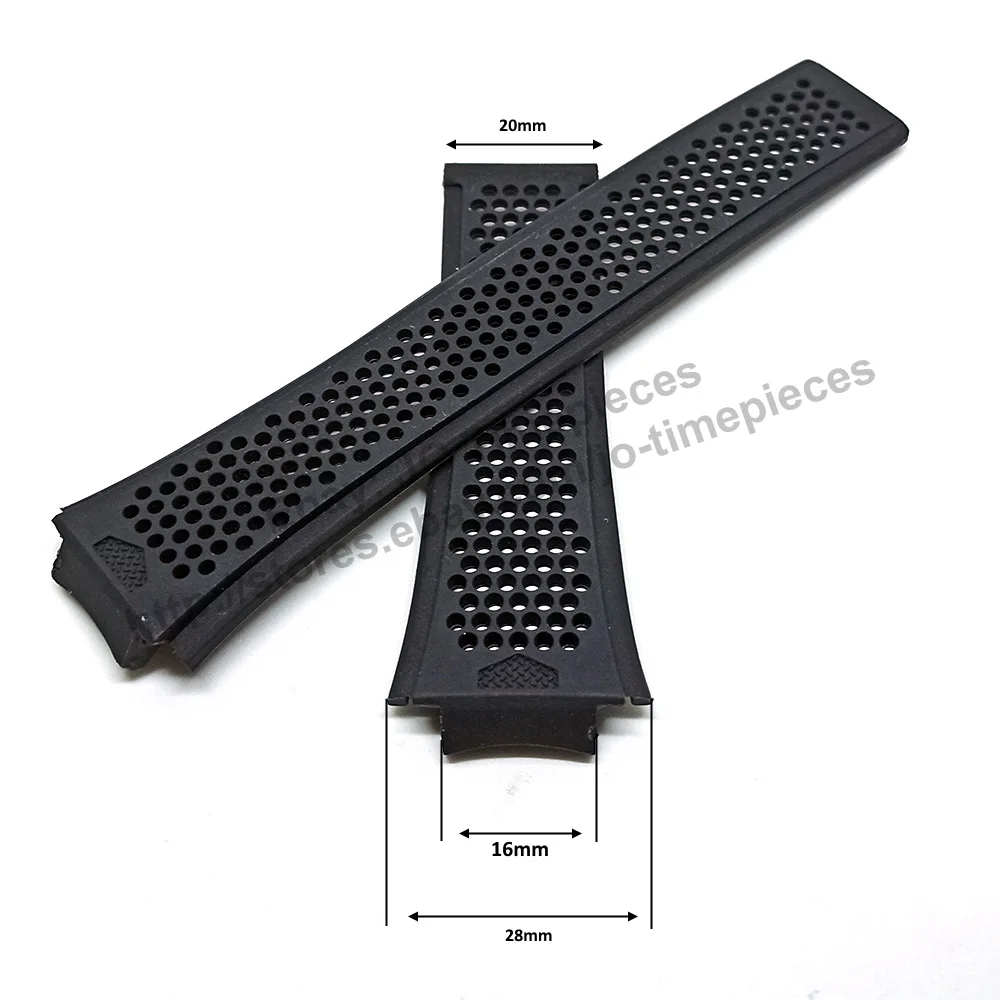 16mmx20mm Black Rubber/Silicone Perforated Replacement Watch Strap Band Comp. for TAG HEUER