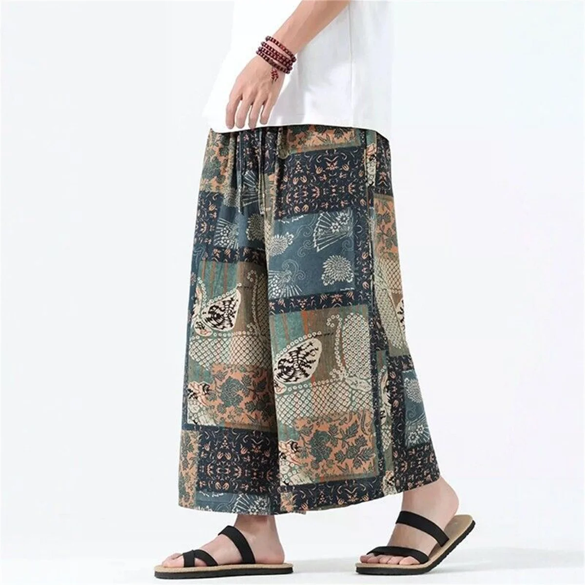 Coole Herren-Strandhose mit Print, Sommerliche Chinesische Lässige Bequeme Weite Hose, Knöchellange Herrenhose für den Alltag, Herrenrockhose – Detail 4