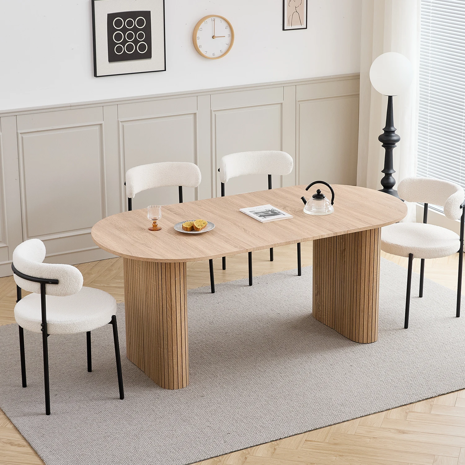 EGOONM Moderner Esstisch Ovaler Gerillter Säulenfuß Küchentisch 6-8 Sitzer Holz-Esstisch für Esszimmer – Detail 1