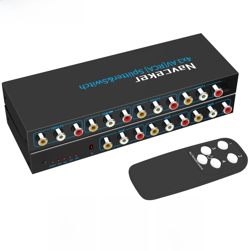 Navceker RCA AV Schalter Splitter Box 4 in 3 out AV Audio Video Signal Verbund für HDTV LCD DVD 3