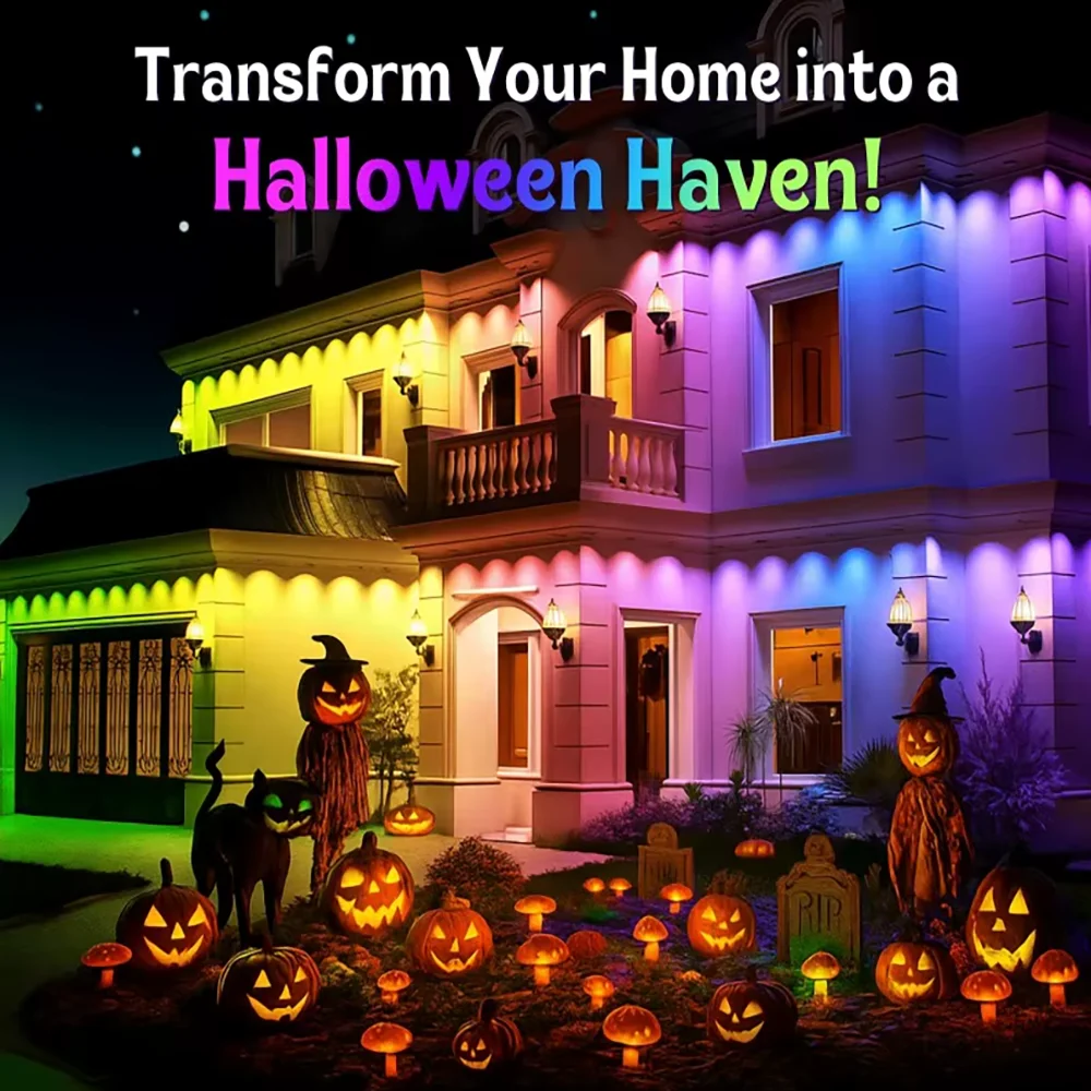 Waterproof 30M 72PCS RGB LED Eave String Lights Smart APP Music Sync Color Changing Outdoor Roof Lamp Halloween Christmas Holiday Yard Party Decor Timing Dimmable Villa Garden Exterior Festival Atmosphere Lighting With IR Remote Control
