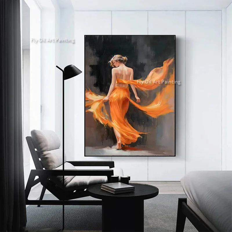 Sext Women  In Orange Dress Oil Painting Beauty Wear Blue Dress Dancing Canvas Painting Hand Painted Modern Wall Art For Decor