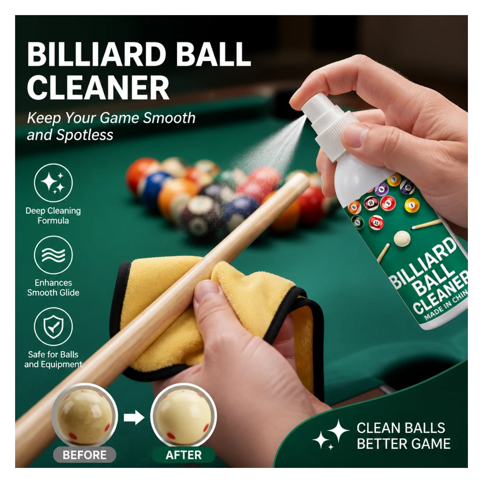 

Billiard Ball Cleaner Spray 100ml Professional Cleaning Mist, Pool Accessories, for Consistent Roll, Removes Chalk, Husband