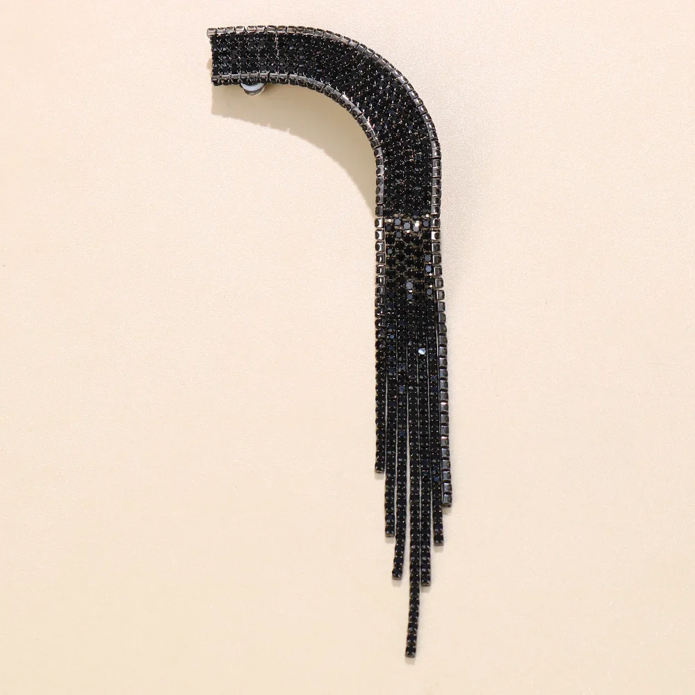 Stonefans Shiny Women 1 Pcs Black Crystal Ear Clip Trendy Rhinestone Tassel Earrings No Piercing Jewelry