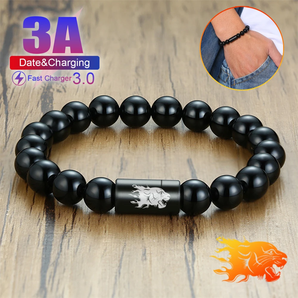 

EONLINE 24cm Wearable USB Charging Bracelet Beads Charging Cable Portable Black Beads Bracelet Type-c Charging Cable For IPhone