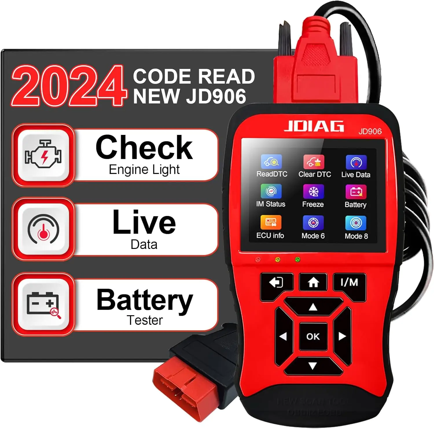 Topdiag JD906 OBD2 Scanner Check Engine Light Code Reader Live Data I/M Readiness Newest Battery Tester Car Diagnostic Scan Tool