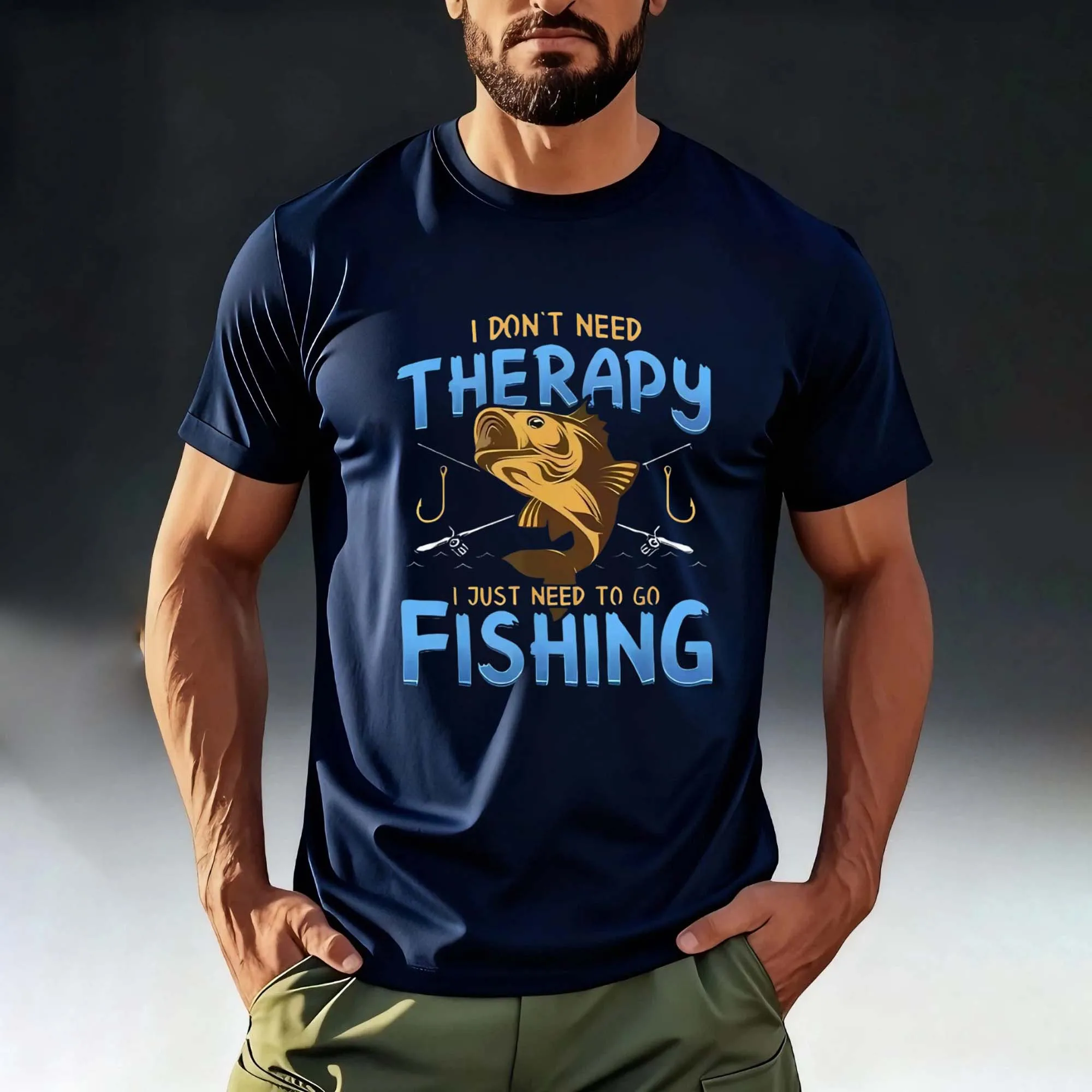 Sommerliches, humorvolles Angel-Slogan-T-Shirt mit Barschmuster für Herren – Entspanntes, athletisches Oberteil mit Luftzirkulation, Kurzarm, für Strand, Angeln und Freizeit