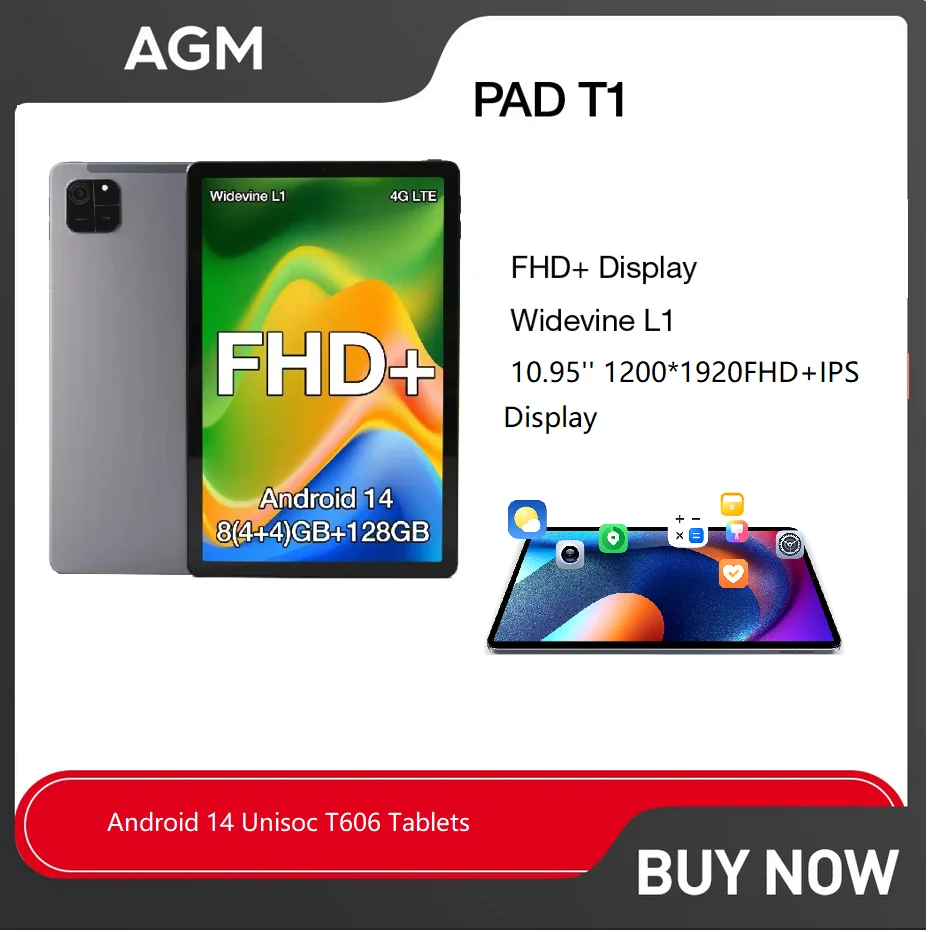 

AGM PAD T1 Tablet 10.95 inch 1200*1920 FHD+ Screen 8（4+4）GB RAM 128GB ROM 7000mAh Battery Android 14 Unisoc T606 Tablets