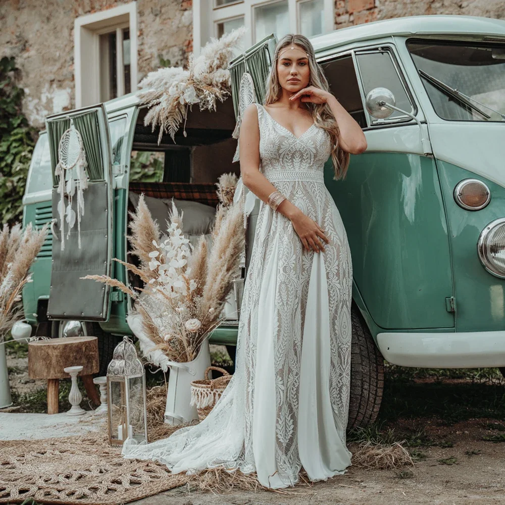 Lakshmigown Spitzen-Chiffon Boho A-Linien-Hochzeitskleid Hippie-Spitze V-Ausschnitt Ärmellos Rückenfreies Strand-Elopement-Brautkleid Maßanfertigung – Detail 5