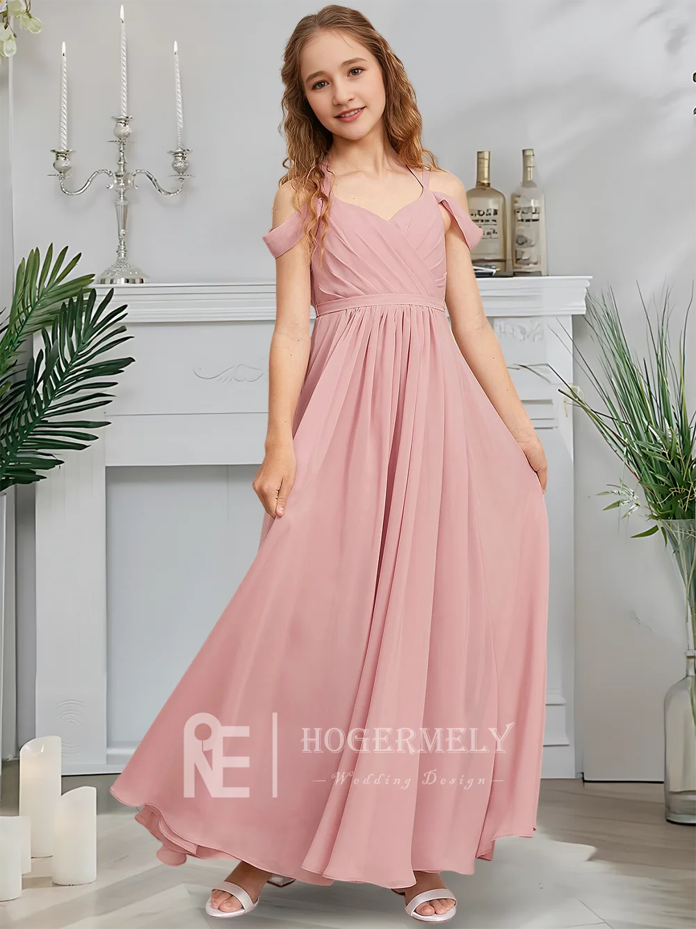 Vestido de dama de honor junior con hombros descubiertos, vestido de niña de flores con rubor para niños, corte en A, largo hasta el suelo, gasa, jardín, gala, fiesta de boda