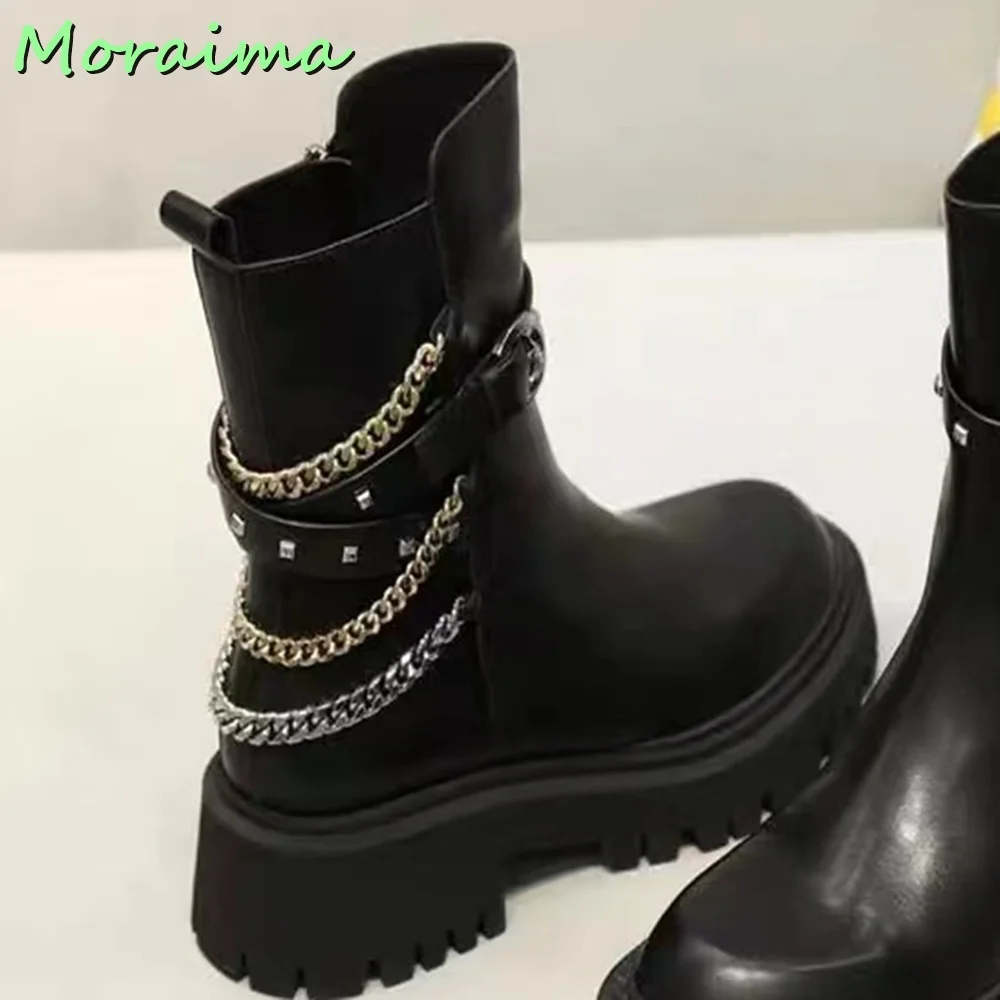 

Metal Chain Belt Buckle Rivet Ankle Boots Round Toe Black Solid Leather Side Zipper Thick Bottom British Style Women Shoes 2022