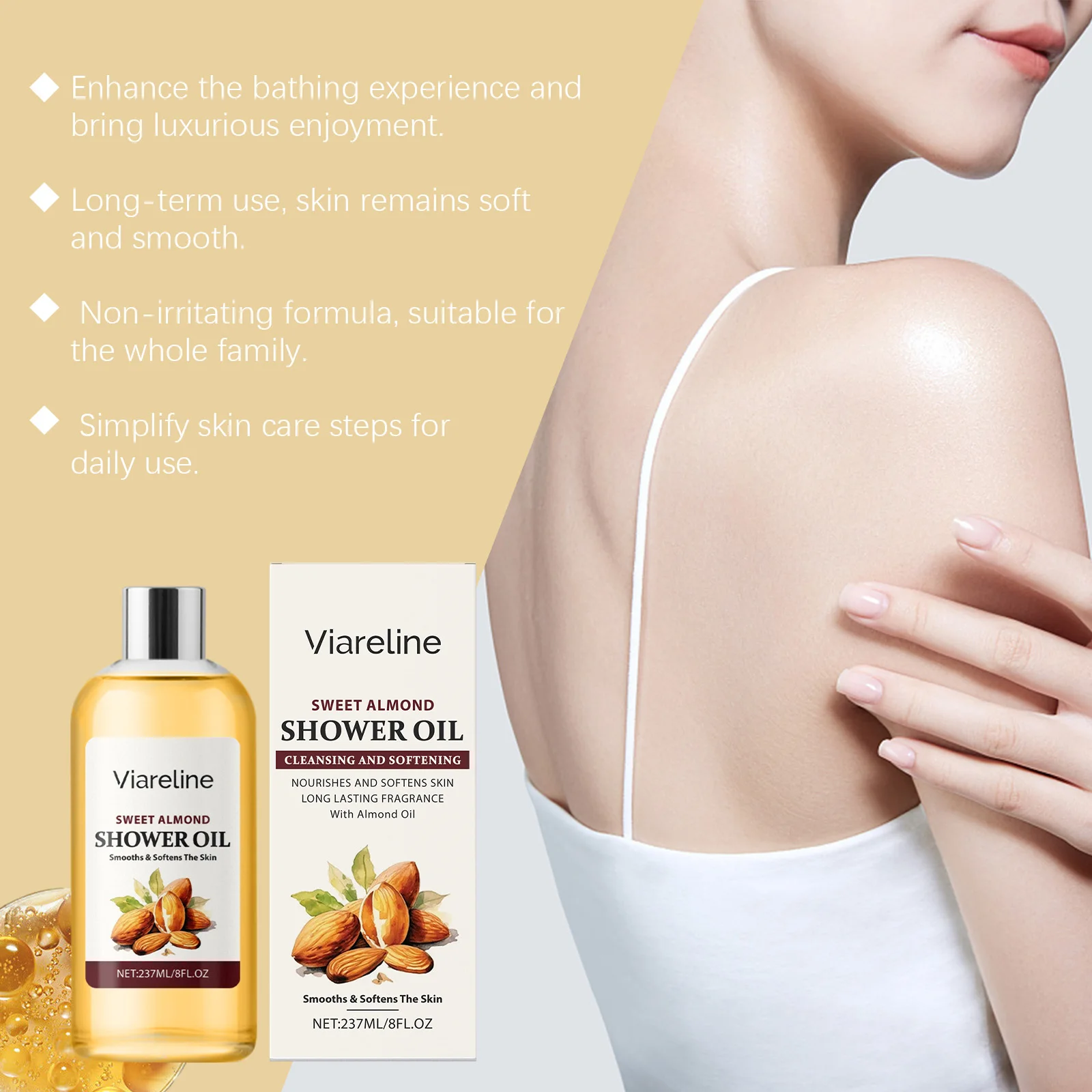 Minyak Mandi Badan Sweet Almond Mengangkat Sel Kulit Mati dengan Lembut, Aroma Tahan Lama, Mengurangi Kekeringan, Menghaluskan, Melembutkan, Minyak Pembersih Tubuh