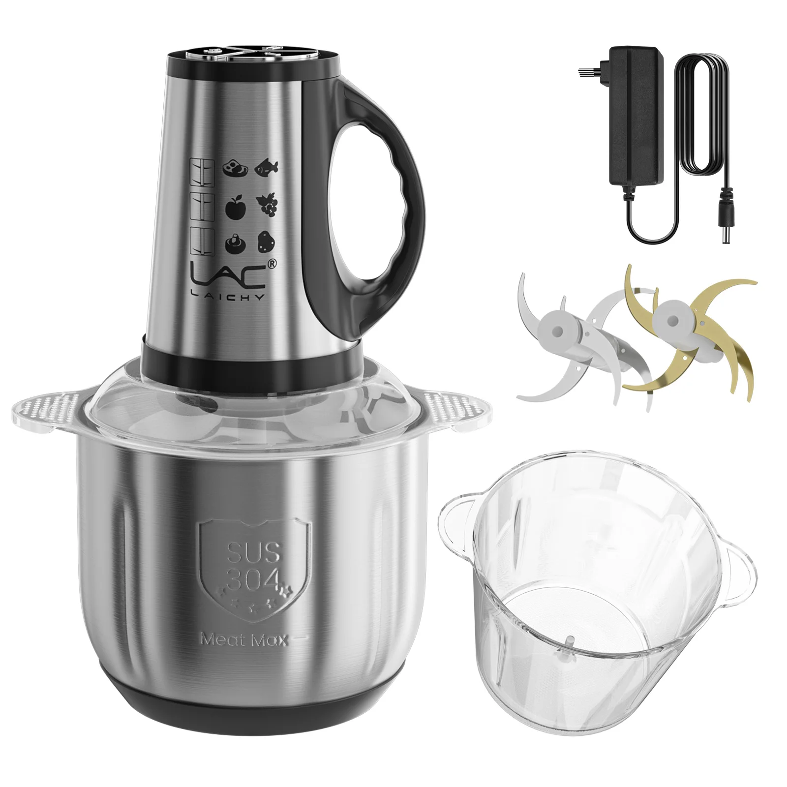 Picadora de carne eléctrica 7816, motor de cobre puro de 300W, 30000 RPM, 4 cuchillas, 2 recipientes, recipiente de vidrio de acero inoxidable, procesador de alimentos para carne, verduras, ajo, nueces