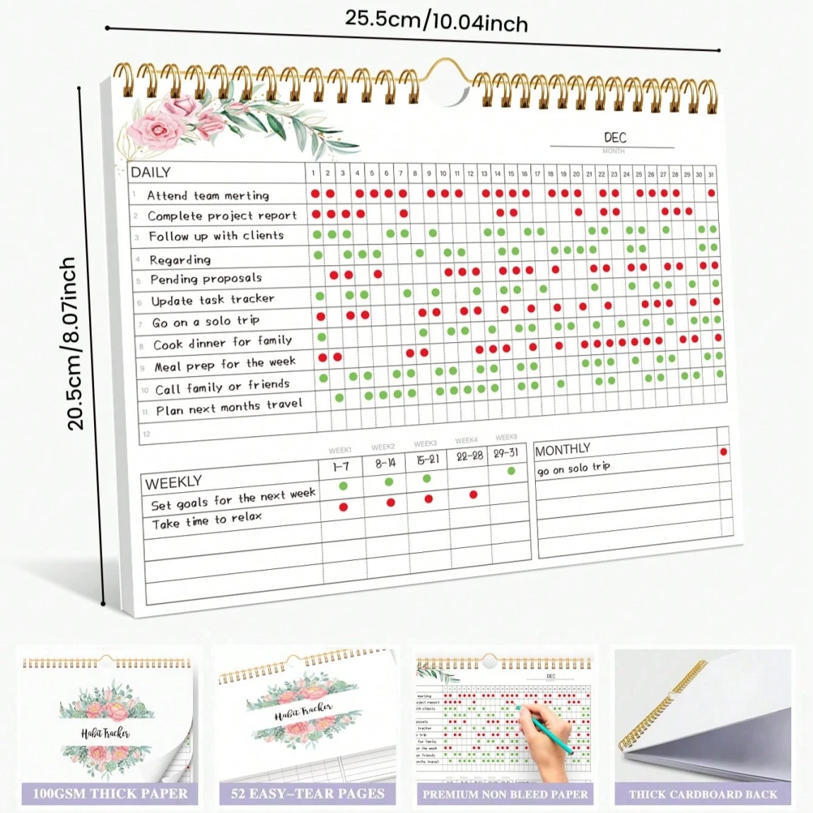 ปฏิทินติดตามนิสัยดอกไม้ | ผู้วางแผนนิสัยรายวันรายเดือน | ที่จัดระเบียบโต๊ะแบบเกลียวสําหรับเป้าหมายและกิจวัตร | วารสารแรงจูงใจความงาม