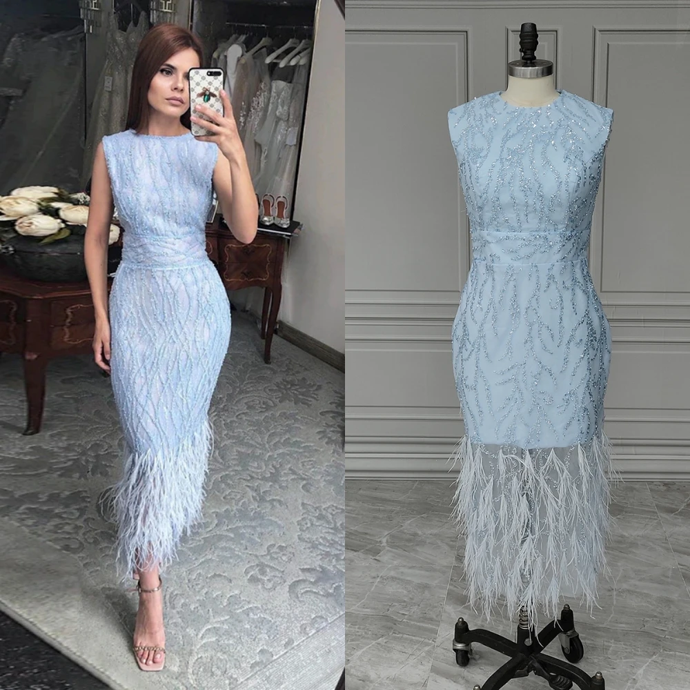 

15633# 100% Real Photos Sequined Lace Sleeveless Midi Evening Dress With Feathers Beading Wedding Party Formal Gown For Women