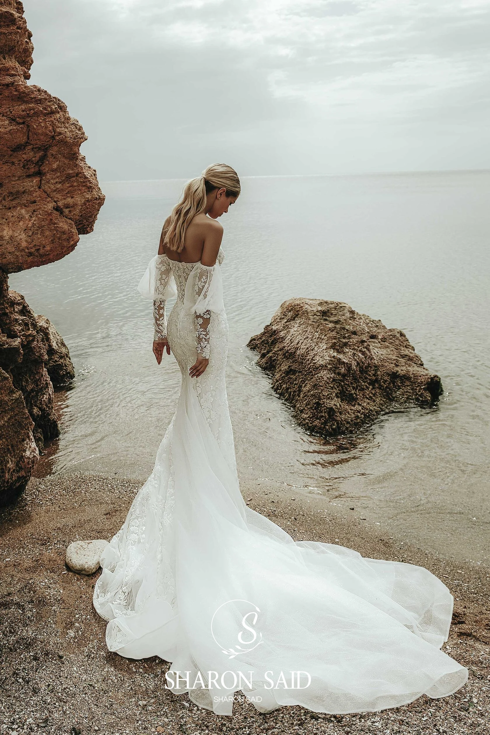 Sharon Said 2025 Modern Sweetheart Sirena Off White Abito da sposa in pizzo Vintage Puff Sleeve Corsetto Abito da sposa SW482 Personalizzato