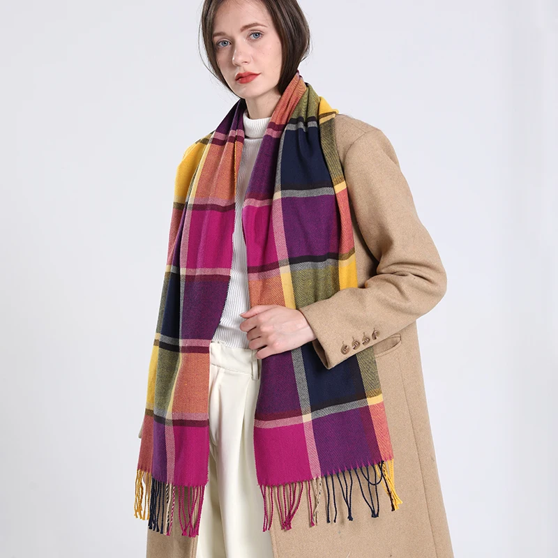 2024 Winter Plaid Warm Scarf Women Cashmere Shawl and Wraps Pashmina Neckerchief Bufanda Female Rainbow Hairy Tessel Echarpe New