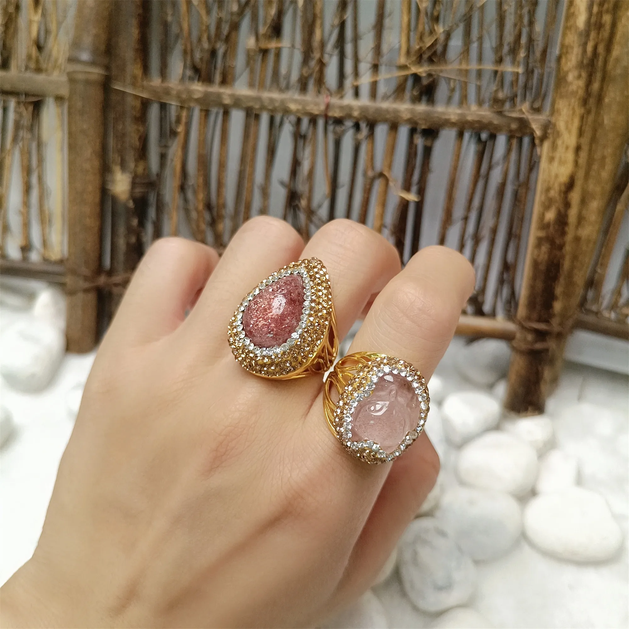 

Water drop-shaped strawberry crystal rhinestone fox-shaped electroplating ring female summer niche temperament trend jewelry