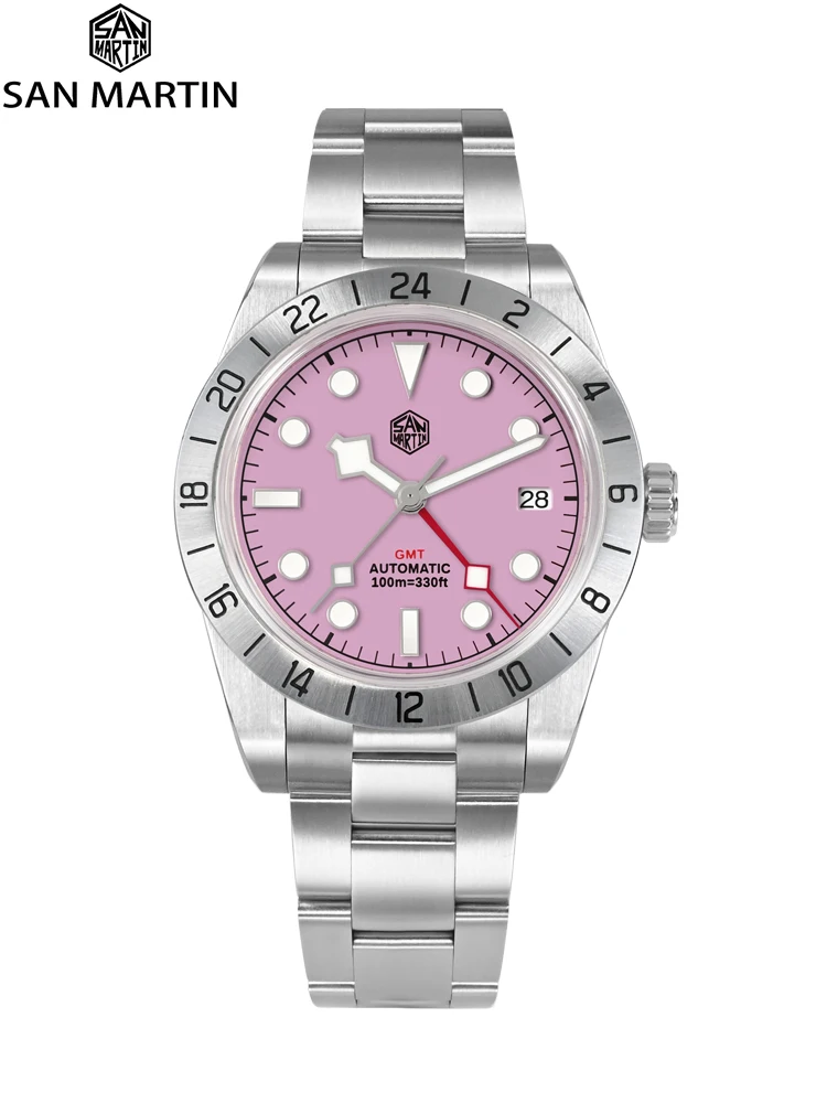 San Martin 39mm lüks NH34 BB GMT paslanmaz çelik pembe arama kol saati mekanik saatler erkekler için safir kristal 10Bar SN0054