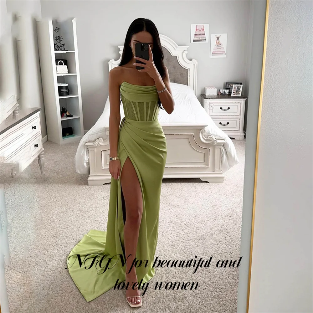 

NFYN Sage Green Stain Chic Woman Evening Dress Gown Ball Gown Side Split Mermaid Night Dresses Gown robes de soirée Customized