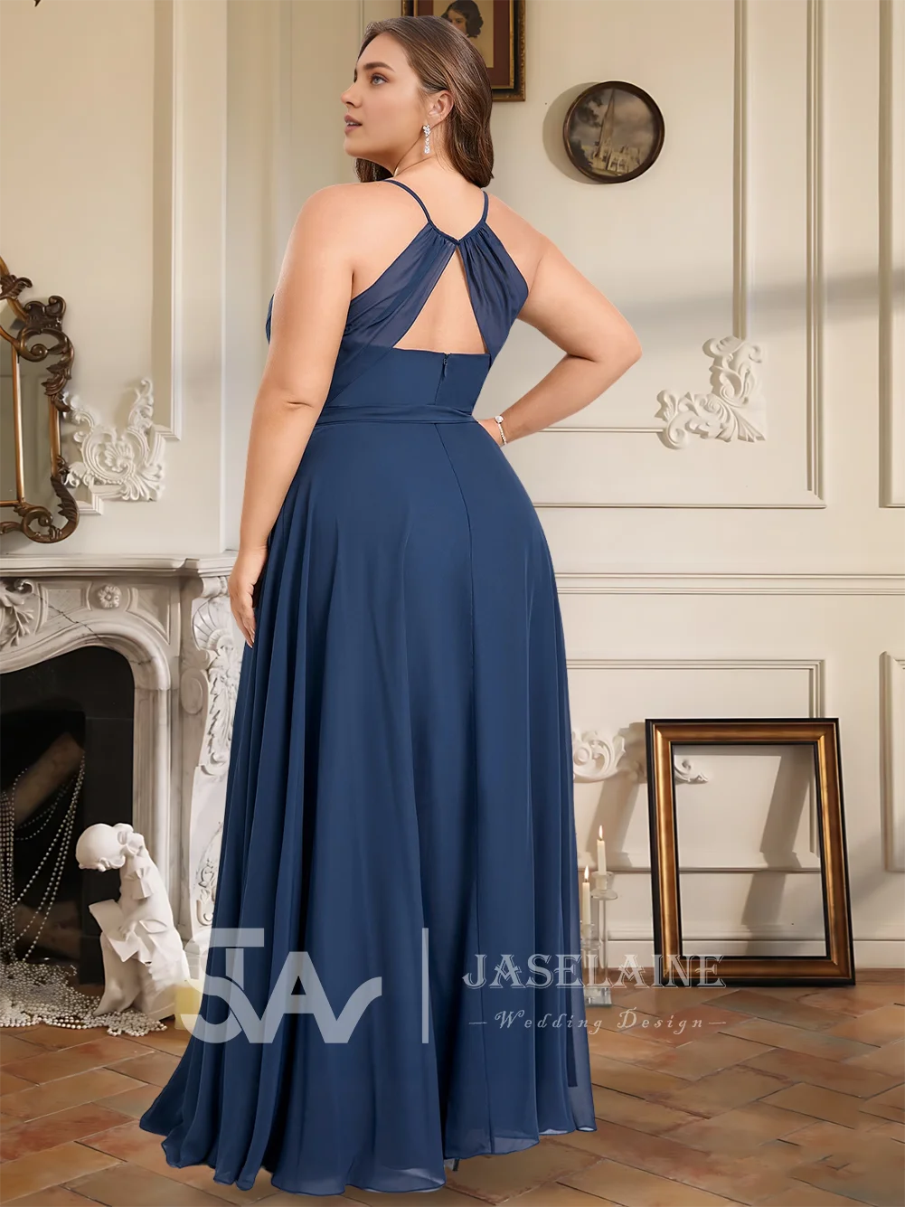 WMP Bridesmaid Dresses A-Line Cowl Floor-Length Chiffon Ruffle Spaghetti Straps Leg Slit Wedding Guest Evening Party Cocktail