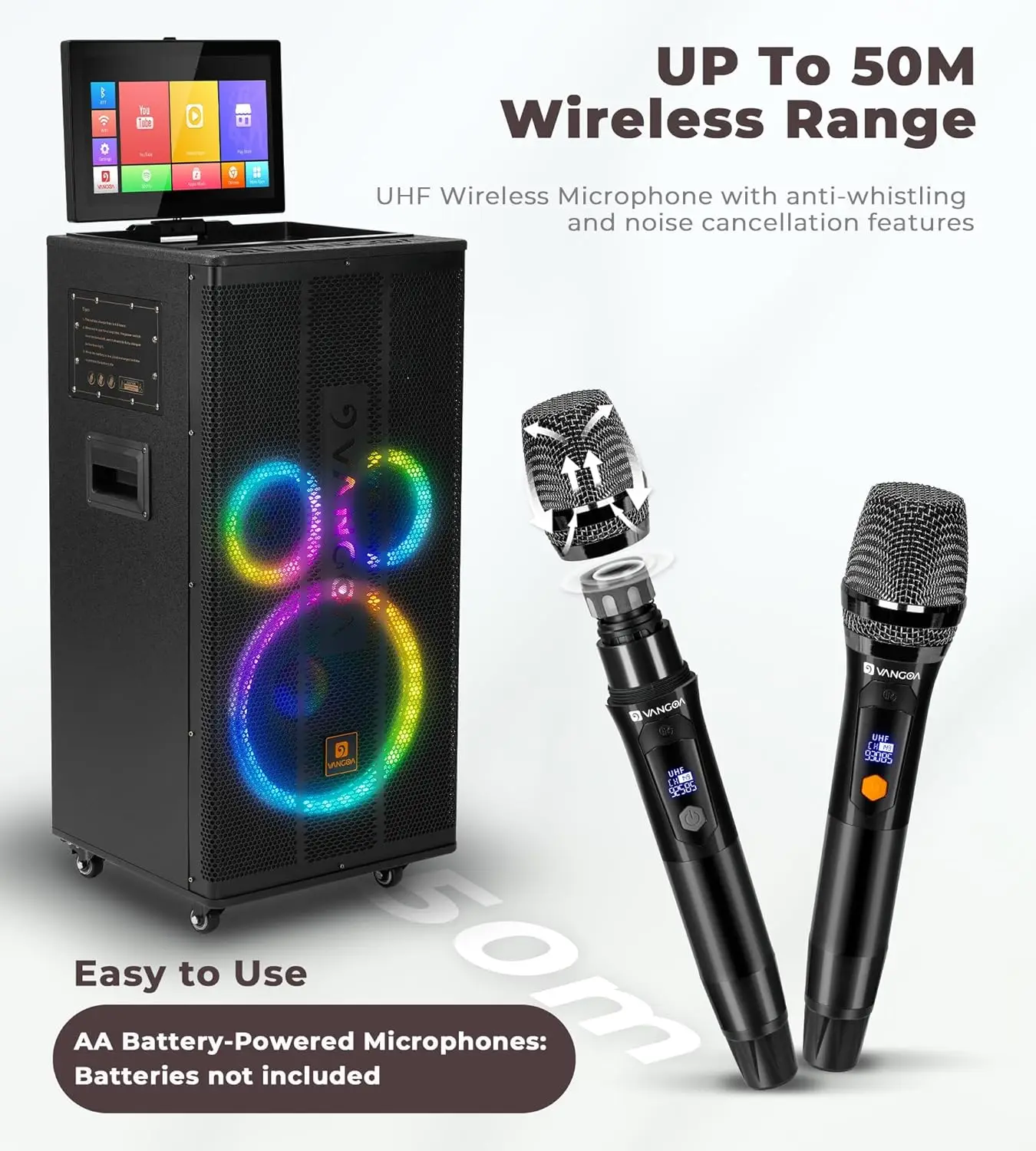 Professional Karaoke Machine with Lyrics Display Screen for Adults, Portable Bluetooth Karaoke PA Speaker System with 2 UHF Wire