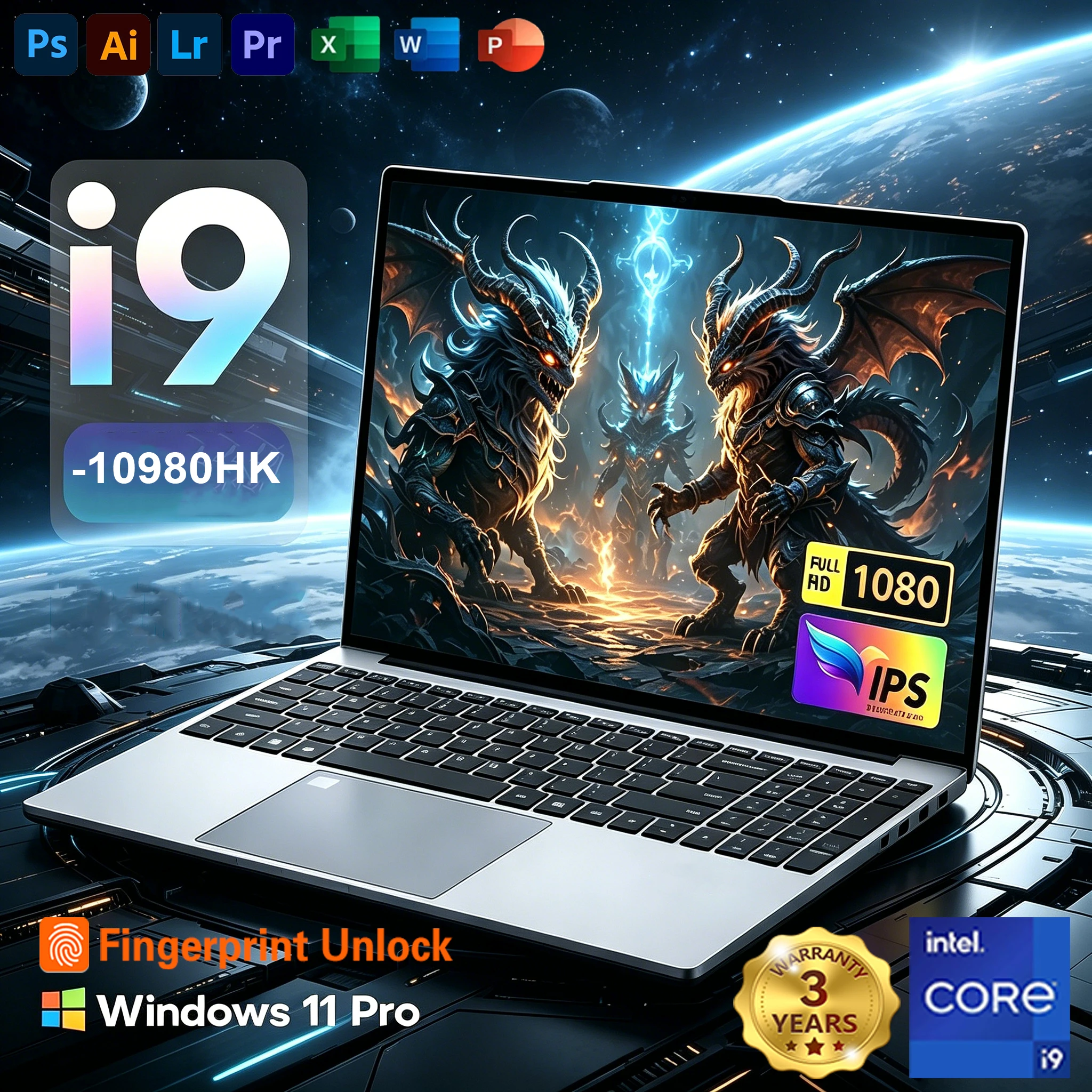 Ordinateur portable 15,6 pouces Windows 11, Intel Core i9-10980HK, 16 Go de RAM, SSD 1 To, ordinateur portable gaming, bureau, études, usage domestique, lecteur d'empreintes digitales, 1920*1080P