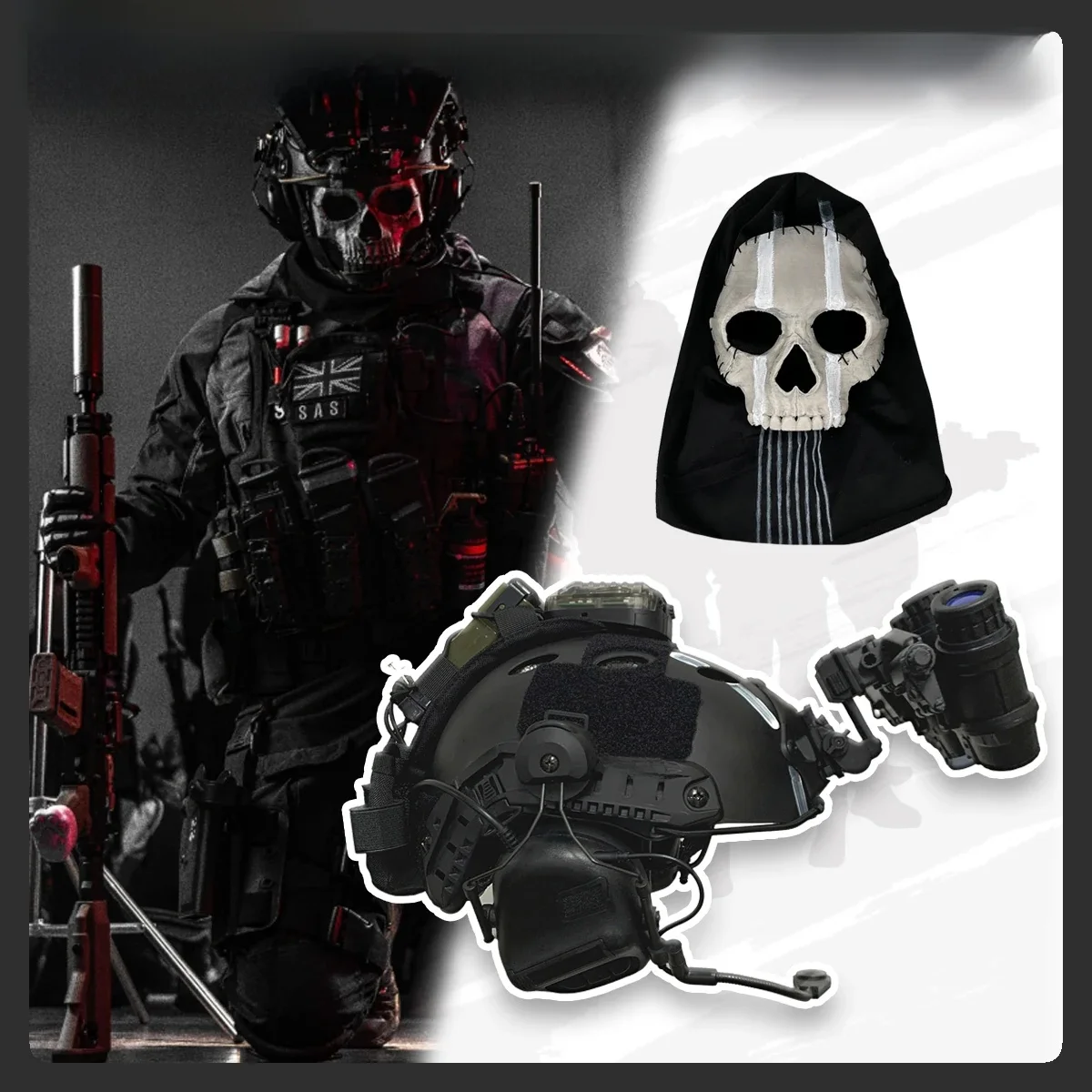 Zestaw kasku Airsoft Call of Duty 19 Cosplay Night Raid Ghost - maska pełnotwarzowa Ghost oraz słuchawki i model NVG z czterema oczami — 2