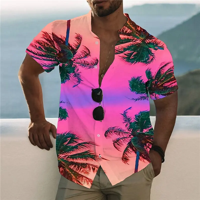 Men's shirt Hawaiian shirt pattern T-shirt gorgeous stand up collar light pink yellow 3D printing outdoor casual short sleeved