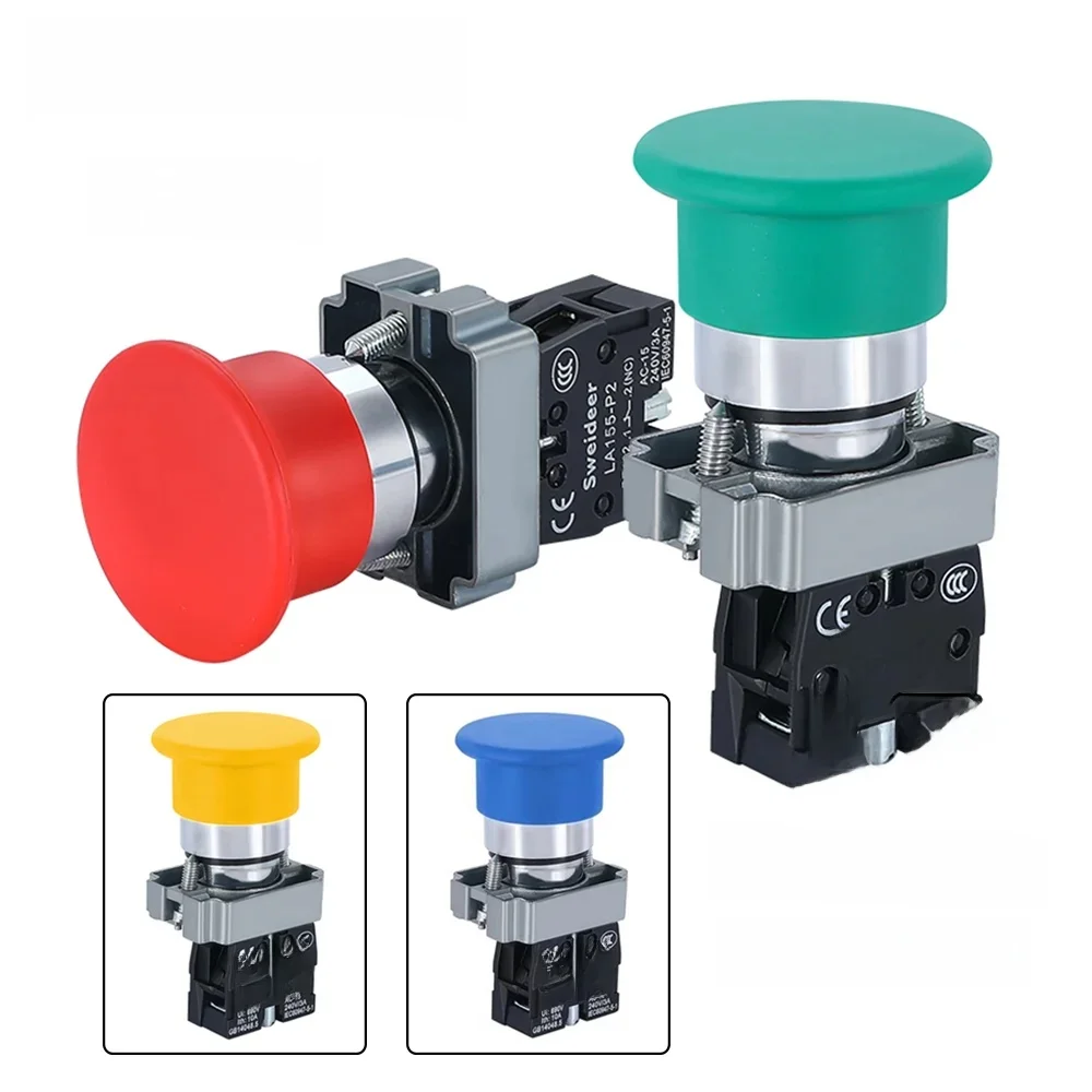 Interrupteur à bouton-poussoir en forme de champignon 22 mm, momentané, à réinitialisation automatique, interrupteur de démarrage, rouge, vert, jaune, bleu, 10A, 1NO 1NC