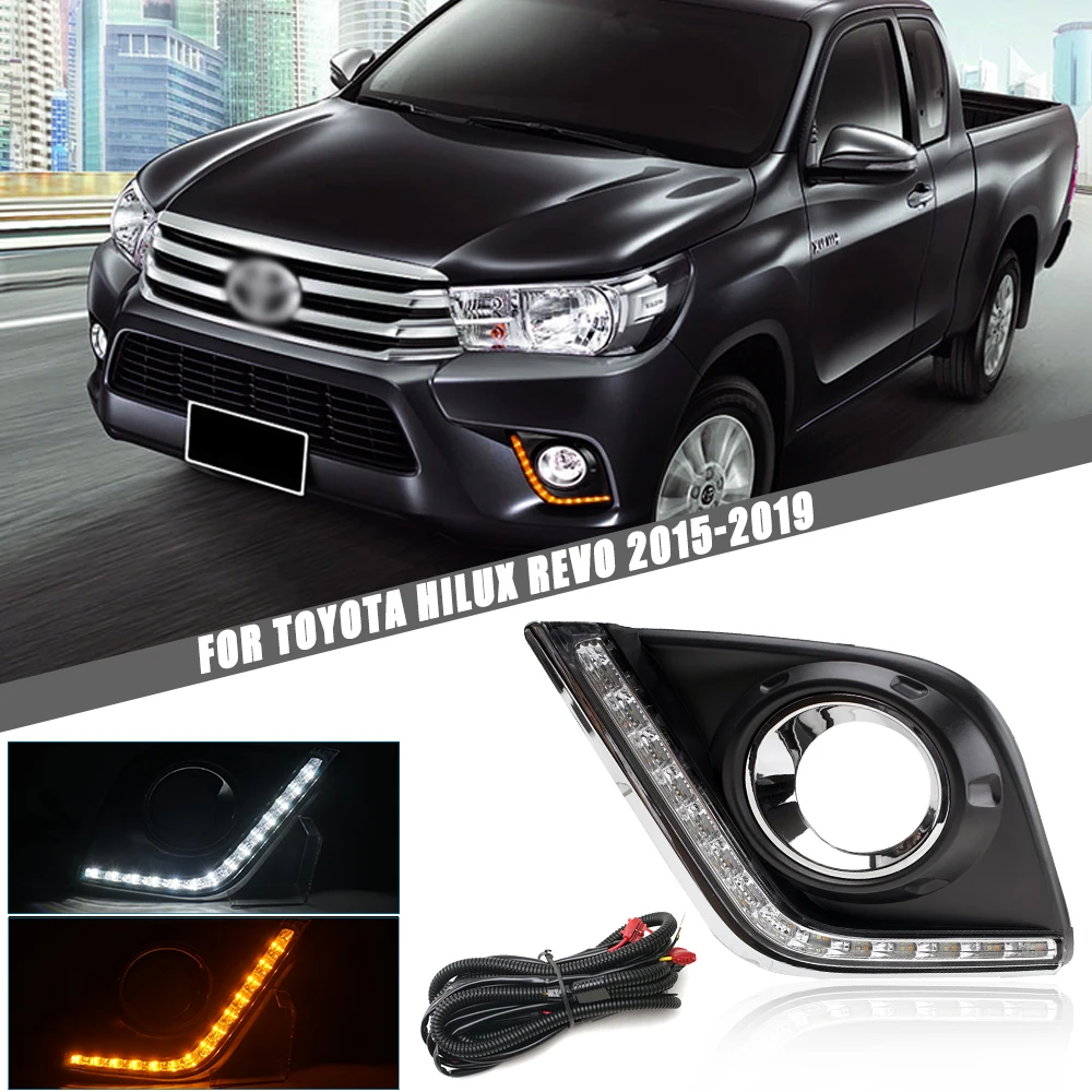 LED DRL Day Light FOR TOYOTA HILUX REVO 2015-2019 Daytime Running Light Fog Lamp Bezel Dynamic Sequential Turn Signal