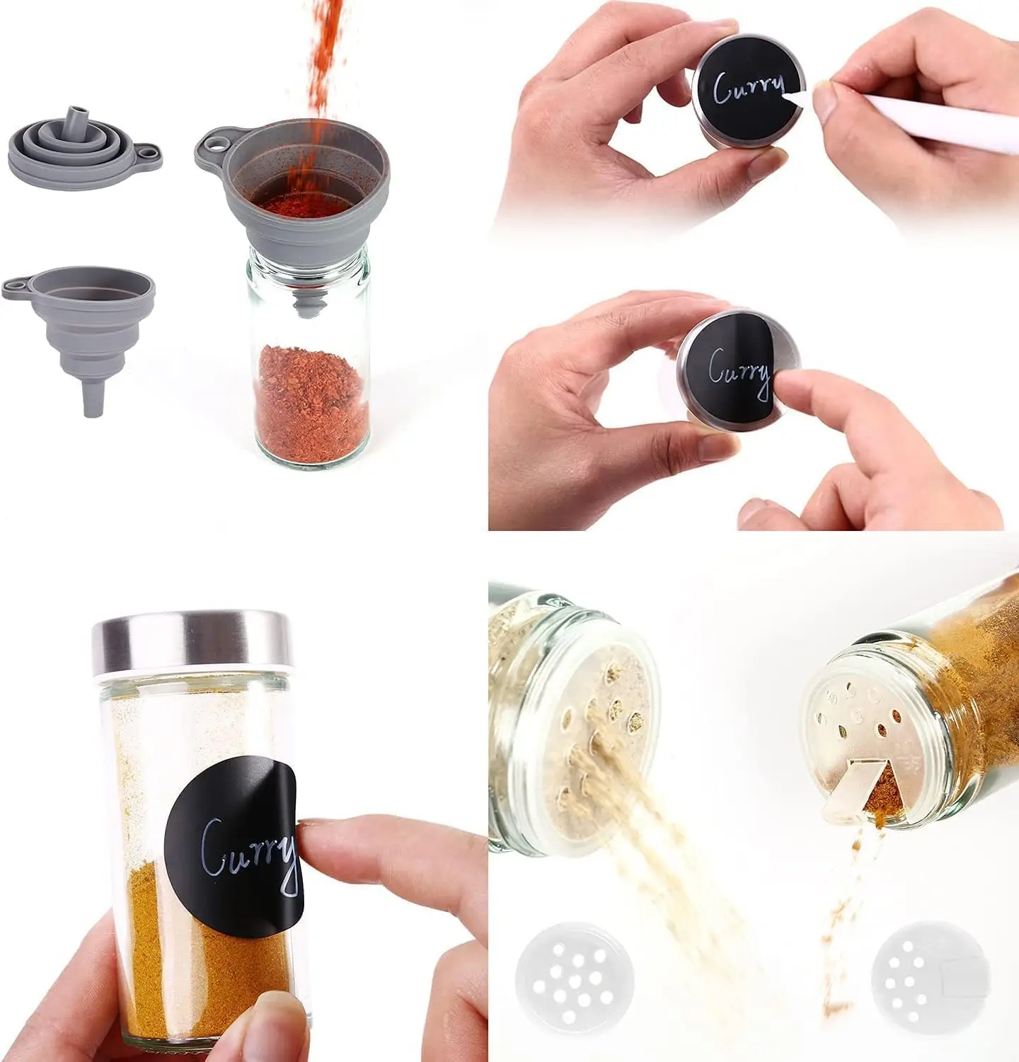 Gewürzgläser-Set - Quadratisches Gewürzregal mit 20 Gewürzgläsern, 360° ° Drehbarer Gewürzständer, Runde Edelstahl-Gewürzdosen mit Deckel – Detail 5