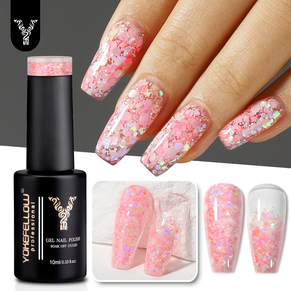 YOKEFELLOW 10ml Glitter Gel Nail Polish Sparkly Candy pink Shiny Glitter Sequins Soak Off UV Gel Varnish Colorful DIY Nail Art