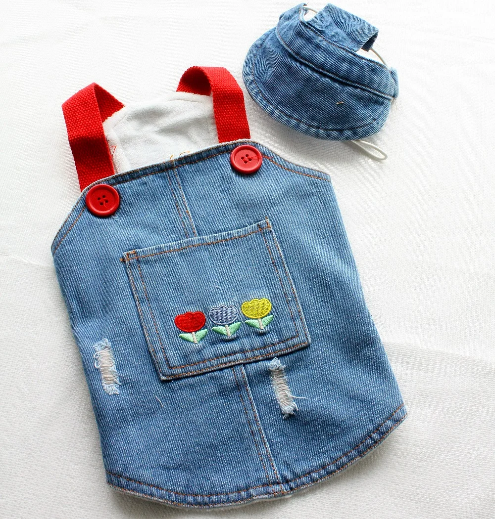 Cute Denim Dog Dress with Embroidered Flowers and Hat Fashionable Pet Outfit Summer Walks Outdoor Adventures