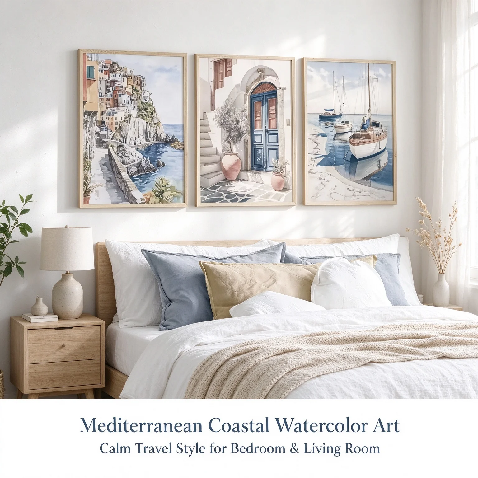 3pcs Mediterranean Coastal Canvas Painting Italian Seaside Village Blue Door Wall Art Summer Beach House Home Decor Poster