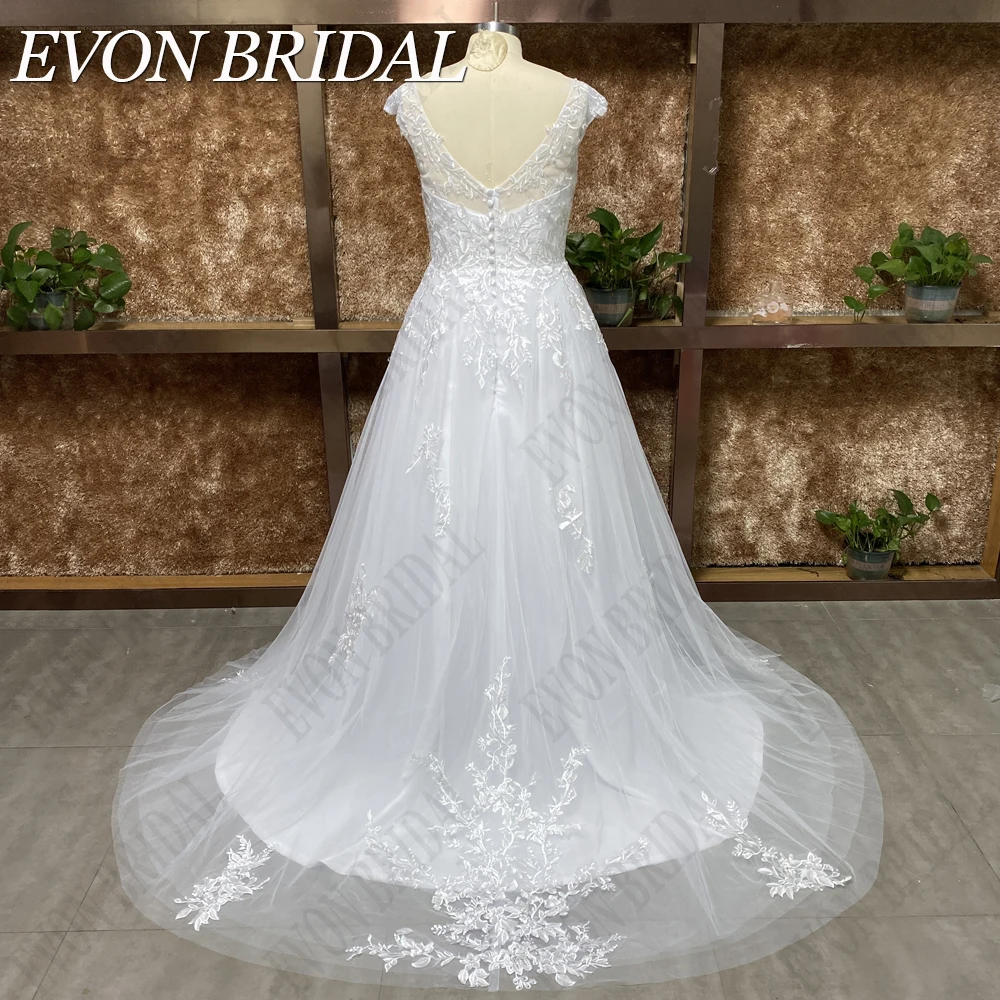 EVON BRIDAL 여성용 웨딩 드레스, 2024 레이스 캡 슬리브, 데노비아 시민 아플리케, 백리스 신부 가운, 맞춤 제작 여성용 웨딩드레스 2024 레이스 모자 소매 멜빵 vestidos de novia 민용 V넥 얇은 면사 확대 코드 실사 웨딩드레스 우아한 맞춤 Appliques 등없는 신부 파티 드레스 여성용 웨딩 드레스 2024 레이스 캡 슬리브 스트랩 노비스 시민 V 넥 튤