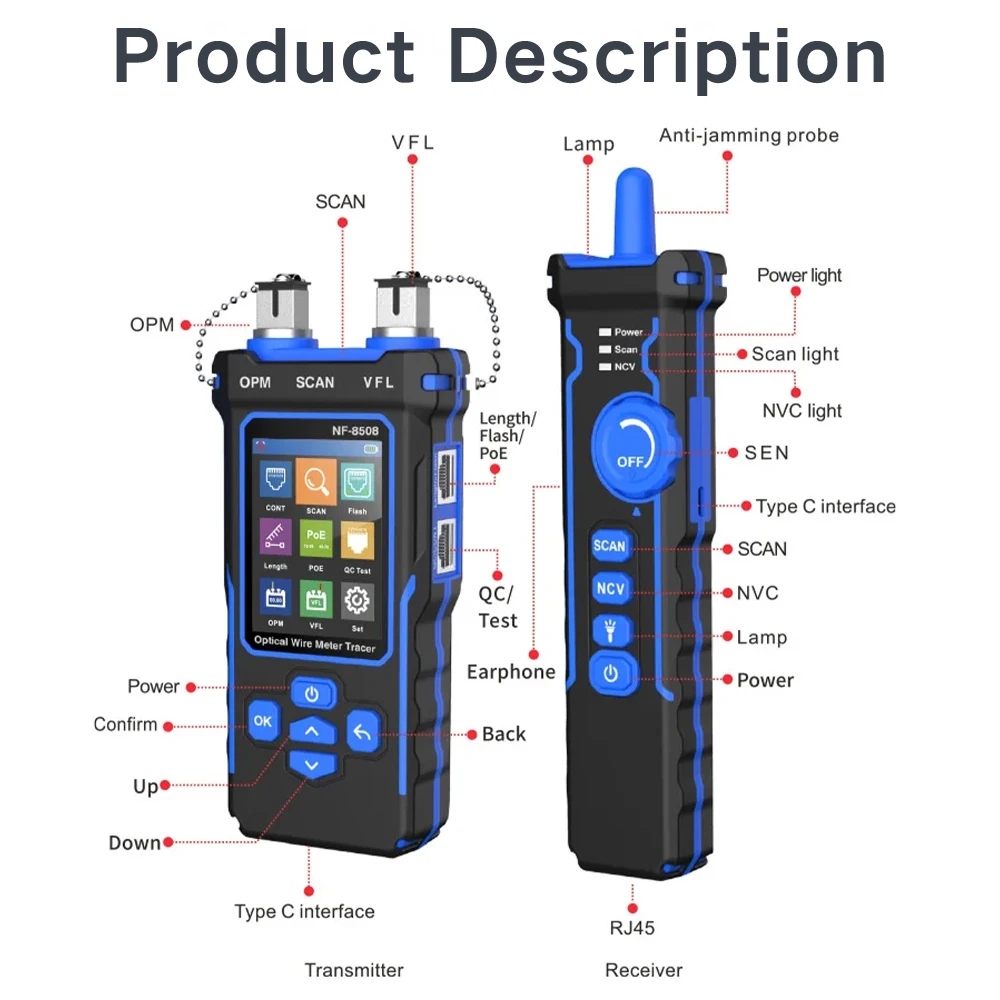 OPTFOCUS Network Cable Tester CAT5 CAT6 POE Checker Network Line Finder OPM VFL 10mw High Quality Tester