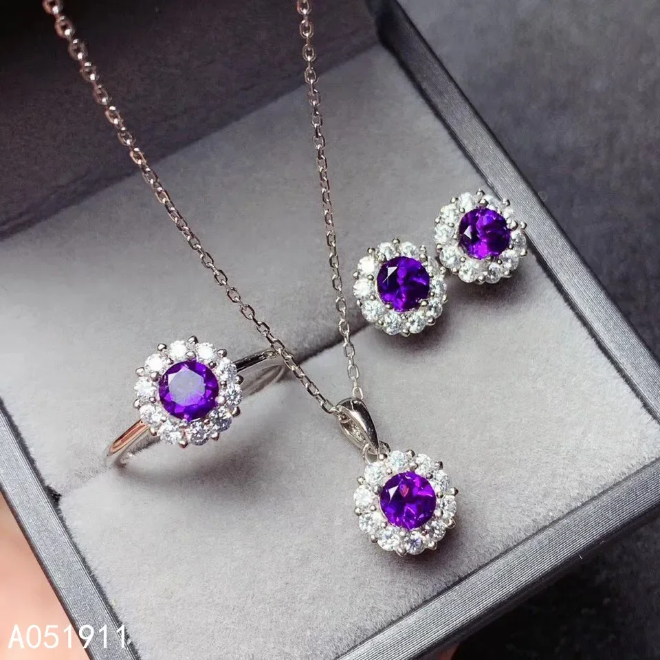 

KJJEAXCMY Fine Jewelry Amethyst 925 Sterling Silver Women Pendant Necklace Chain Earrings Ring Set Luxury