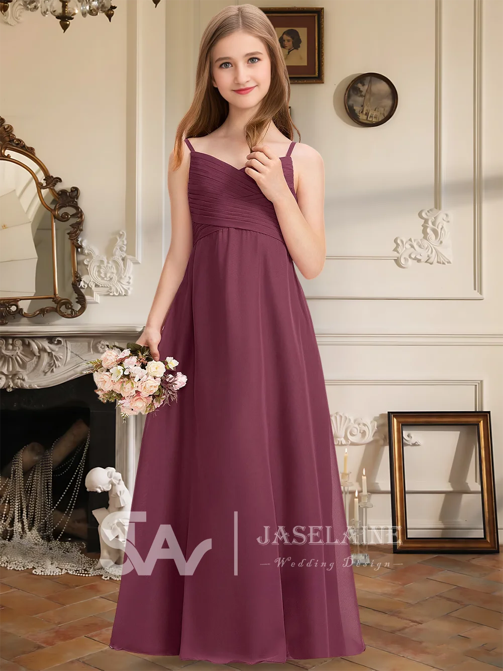 

A Kids Elegant Junior Bridesmaid Dress Sweetheart Chiffon A Line Floor Length Flower Girl Dress Girls Formal Wear Wedding Party