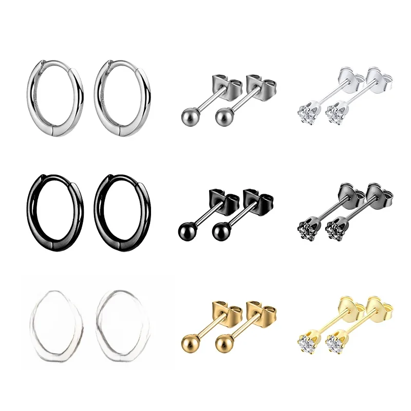 Boucles d'oreilles en acier inoxydable et cristal CZ, couleur noir argent, pierre chirurgicale, zircone cubique, Helix, accessoires pour femmes