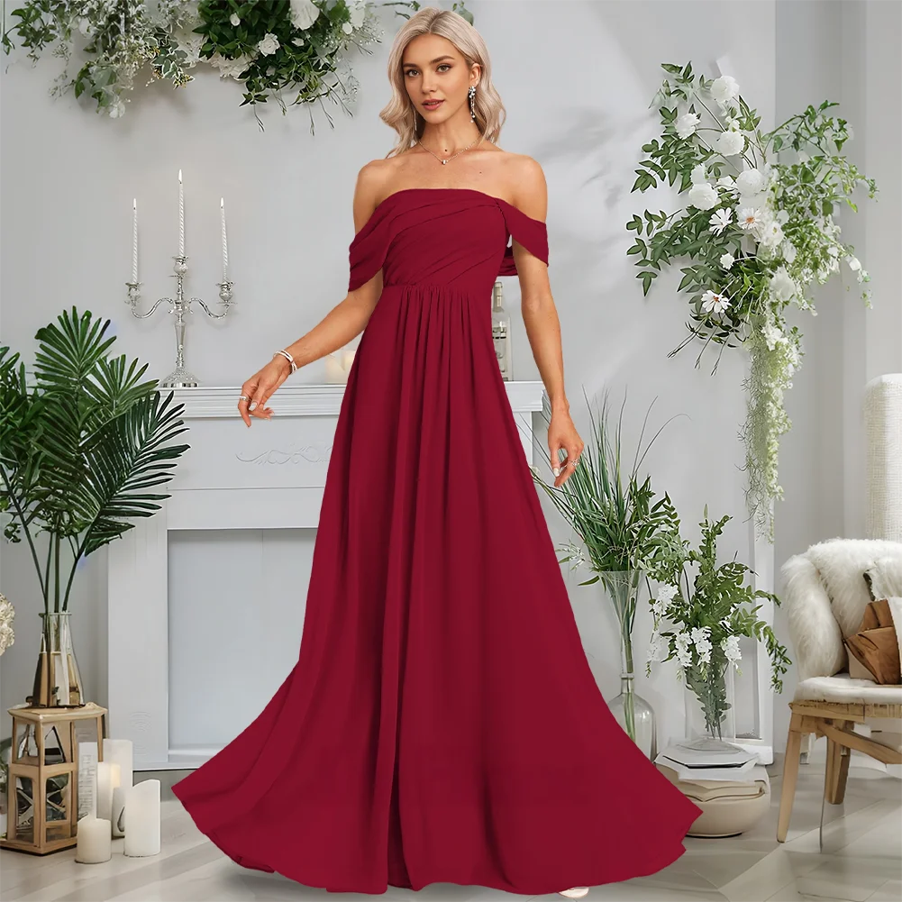 GDH Elegant Celadon Off Shoulder Floor-Length Chiffon Bridesmaid Dresses With Ruffle Boning Wedding Guest Cocktail Party Dress