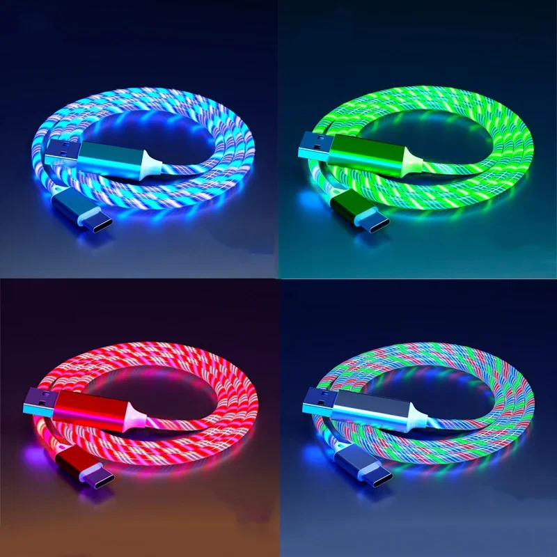 Świecący kabel USB LED typu C do Samsung Xiaomi OPPO Huawei IPhone Szybka ładowarka Przewód do transmisji danych Kabel LED z płynącym światłem — zdjęcie 2