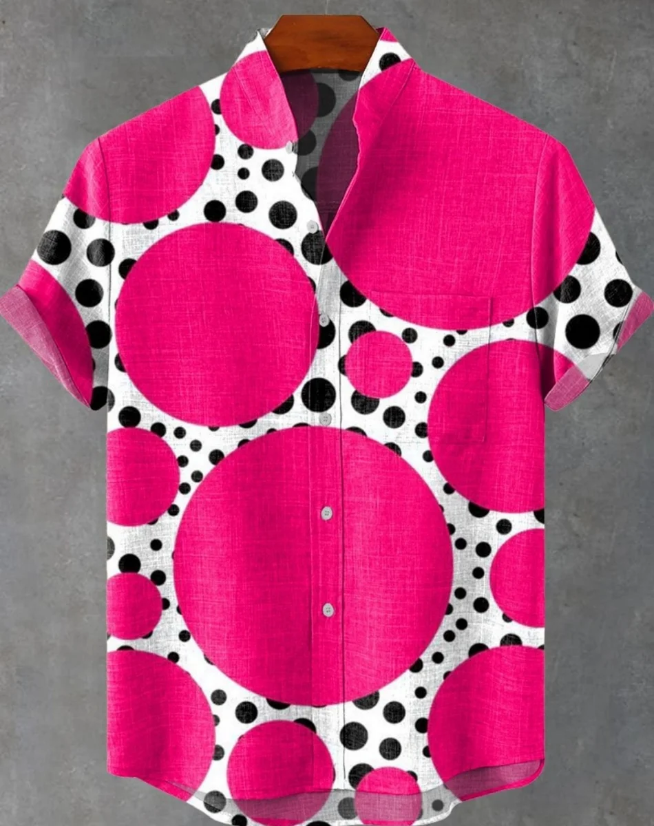 男性用リネンカジュアルシャツ、ボタン付きトップ、半袖、プリント柄、フェスティバルスタイル、ヴィンテージスタイル