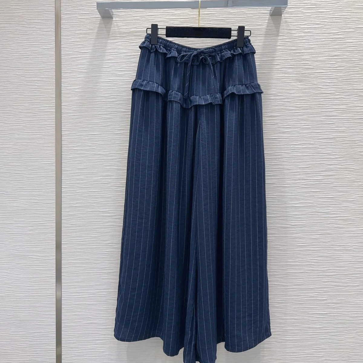 High Quality Women Striped Wide Leg Pants Ruffle Elastic Waist Drawstring Loose Casual Long Trousers lyt2682537