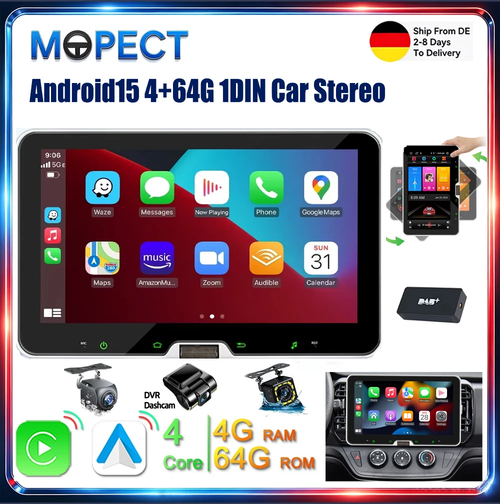MOPECT 10,1" 1DIN Android 15 4+64G 360 °   Drehbarer IPS-Touchscreen, universelles Autoradio mit kabellosem Carplay, Android Auto, GPS-Navigation, FM, Bluetooth, WLAN, RDS, SWC, Mirror Link und