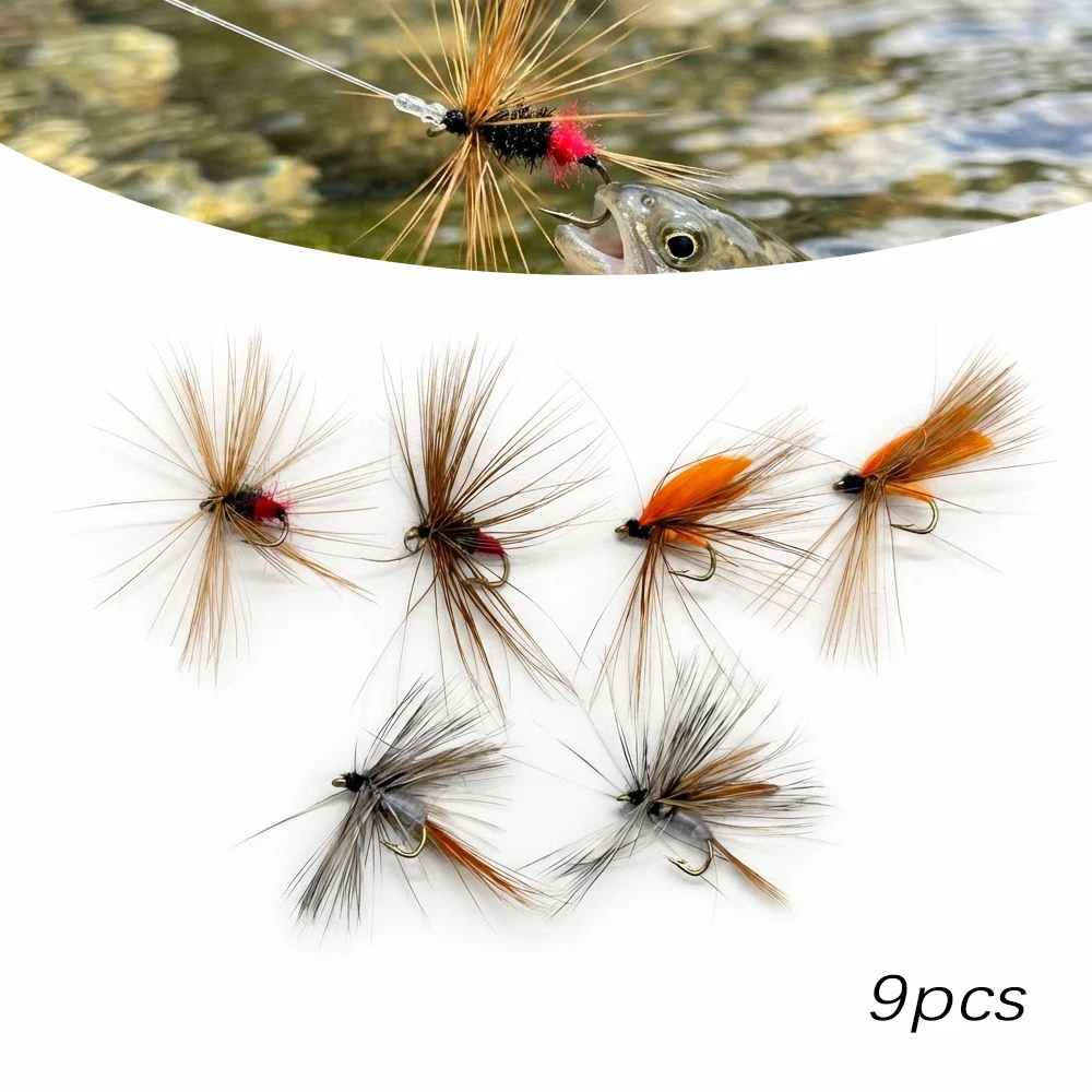 9pcs Handmade Fly Fishing Flies Set, Premium Artificial Insect Lures for Trout, Realistic Dry Fly Baits Kit for Outdoor Fishing