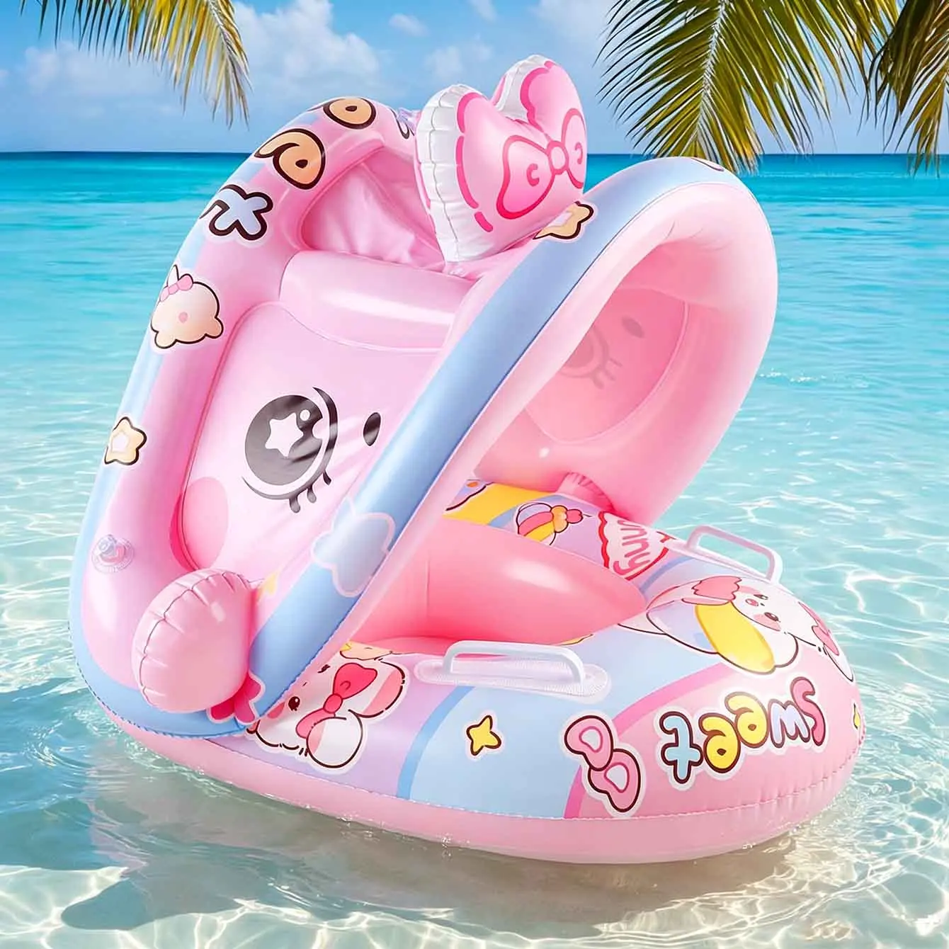 1PC Inflatable Pool Float Seat With Canopy Backrest Handles PVC Swim Ring for Beach Pool Summer