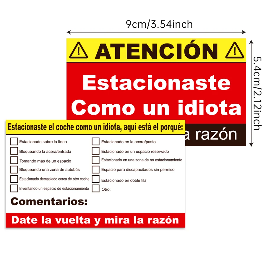 100 pcs Spanish Parking Violation Cards - Unauthorized Parking Reminder, No License Zone Alert, with Pre-Printed Message.