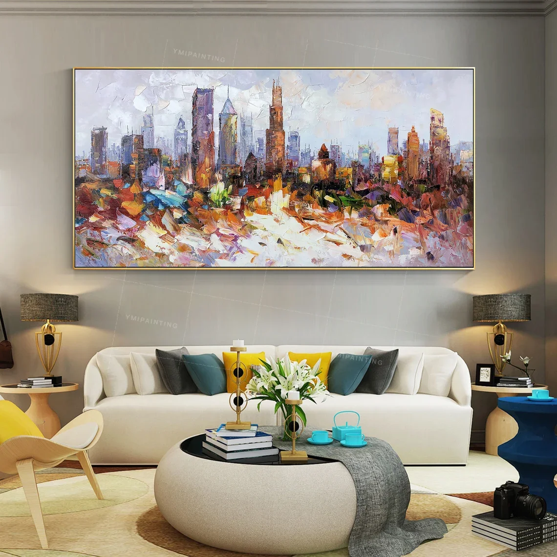 Chicago painting Framed wall art Ymipainting Illinois Skyline abstract living room colorful Citys paintings on canvas