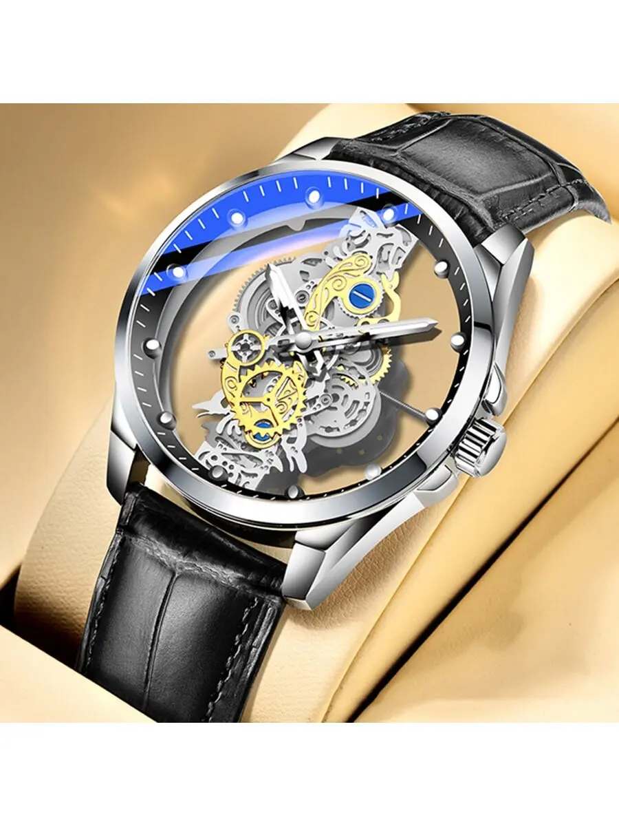 Orologio al quarzo da uomo di nuova moda di marca scheletro orologio da polso da uomo d'affari cinturino in pelle orologio al quarzo luminoso per uomo
